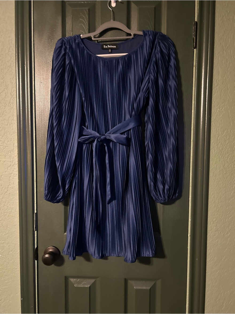 En Saison Navy Pleated Dress with Long Sleeves and Waist Tie